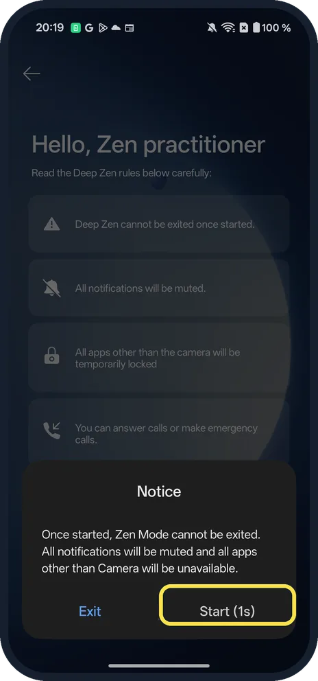 Android screenshot: Tap Start to confirm