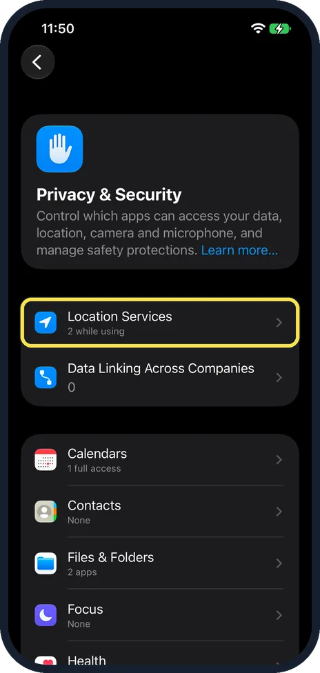 iPhone screen: Open Privacy & Security and tap Location Services
