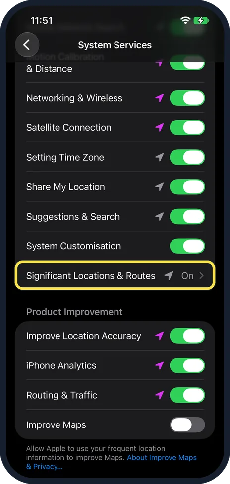 iPhone screen: Tap Significant Locations & Routes