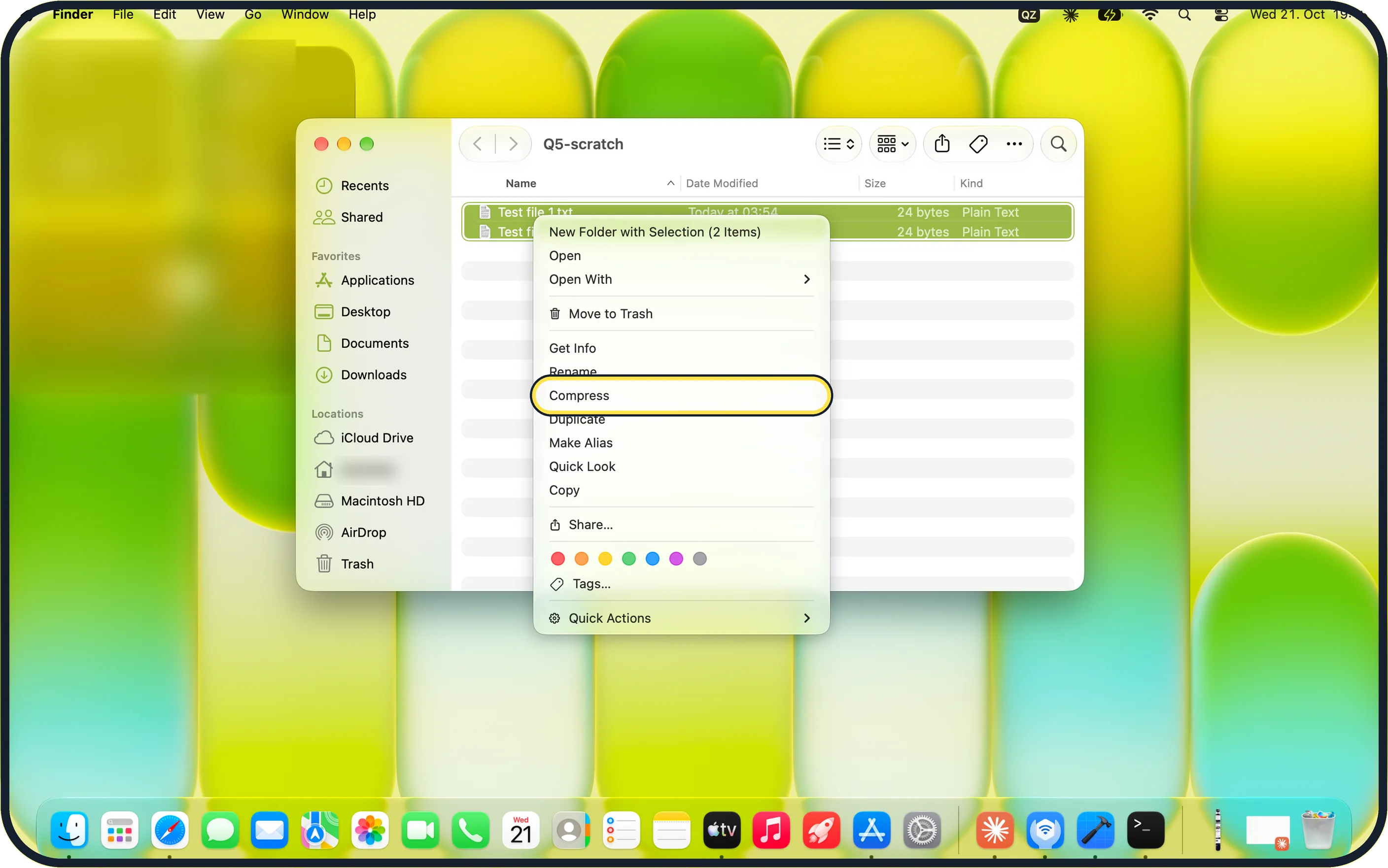 Mac screenshot: Select the files and choose Compress