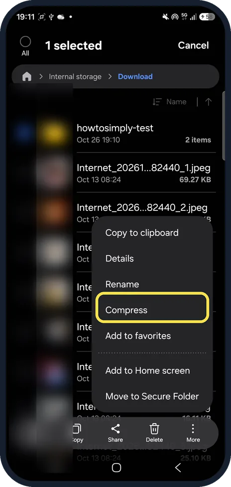 Android screenshot: Tap Compress