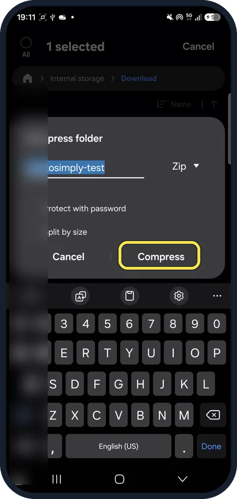 Android screenshot: Name it and tap Compress