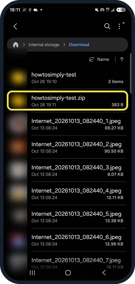 Android screenshot: Find the ZIP next to the folder