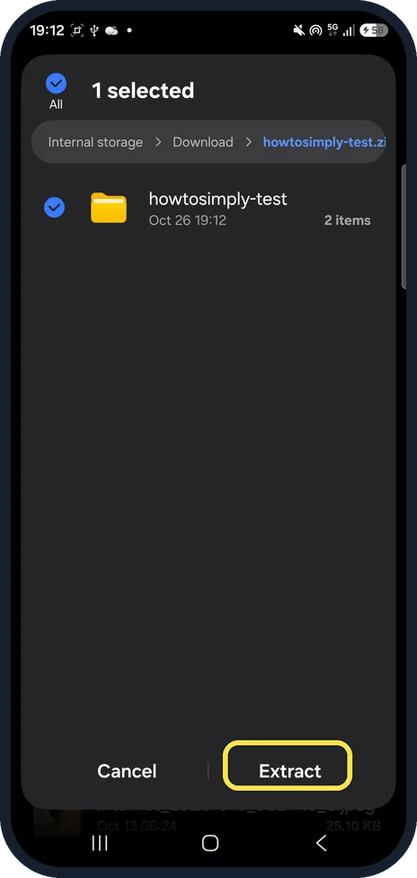 Android screenshot: Tick the items and tap Extract