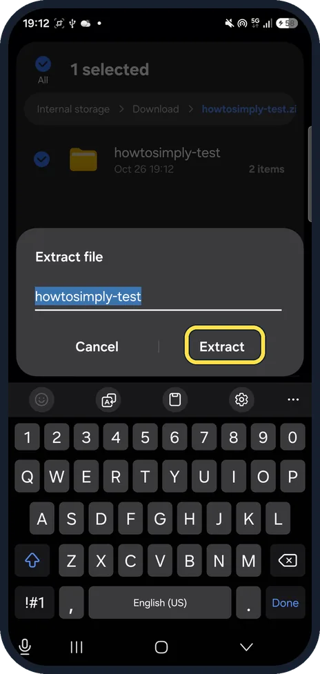 Android screenshot: Check the name and tap Extract
