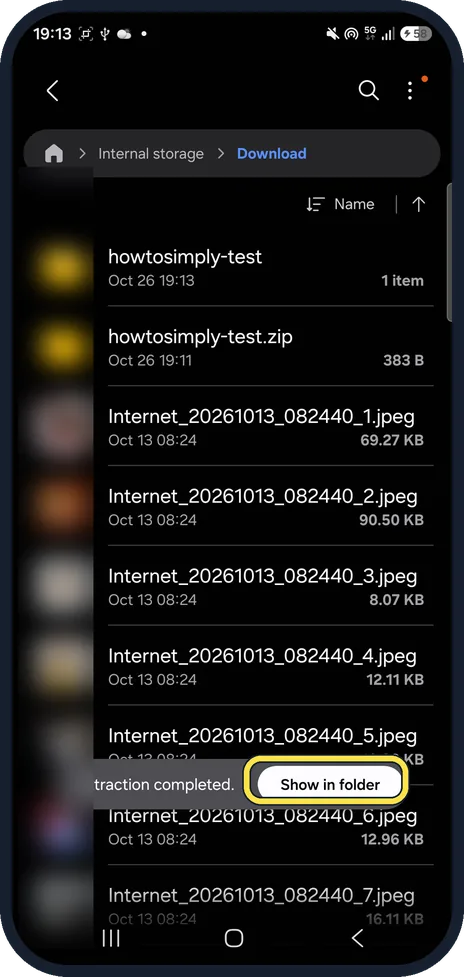 Android screenshot: Tap Show in folder