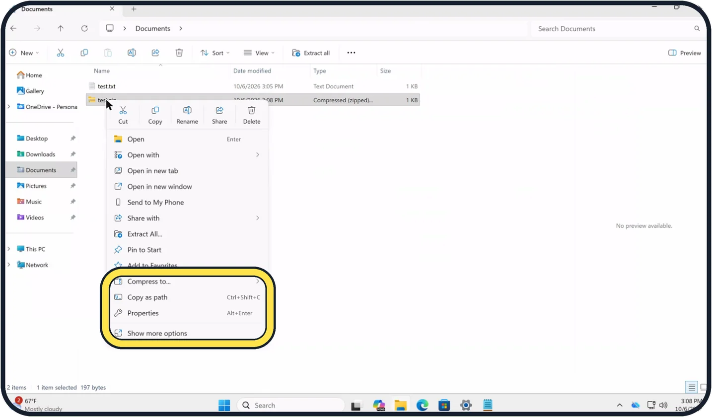 Screenshot from the guide: How to zip and unzip files on Windows 11