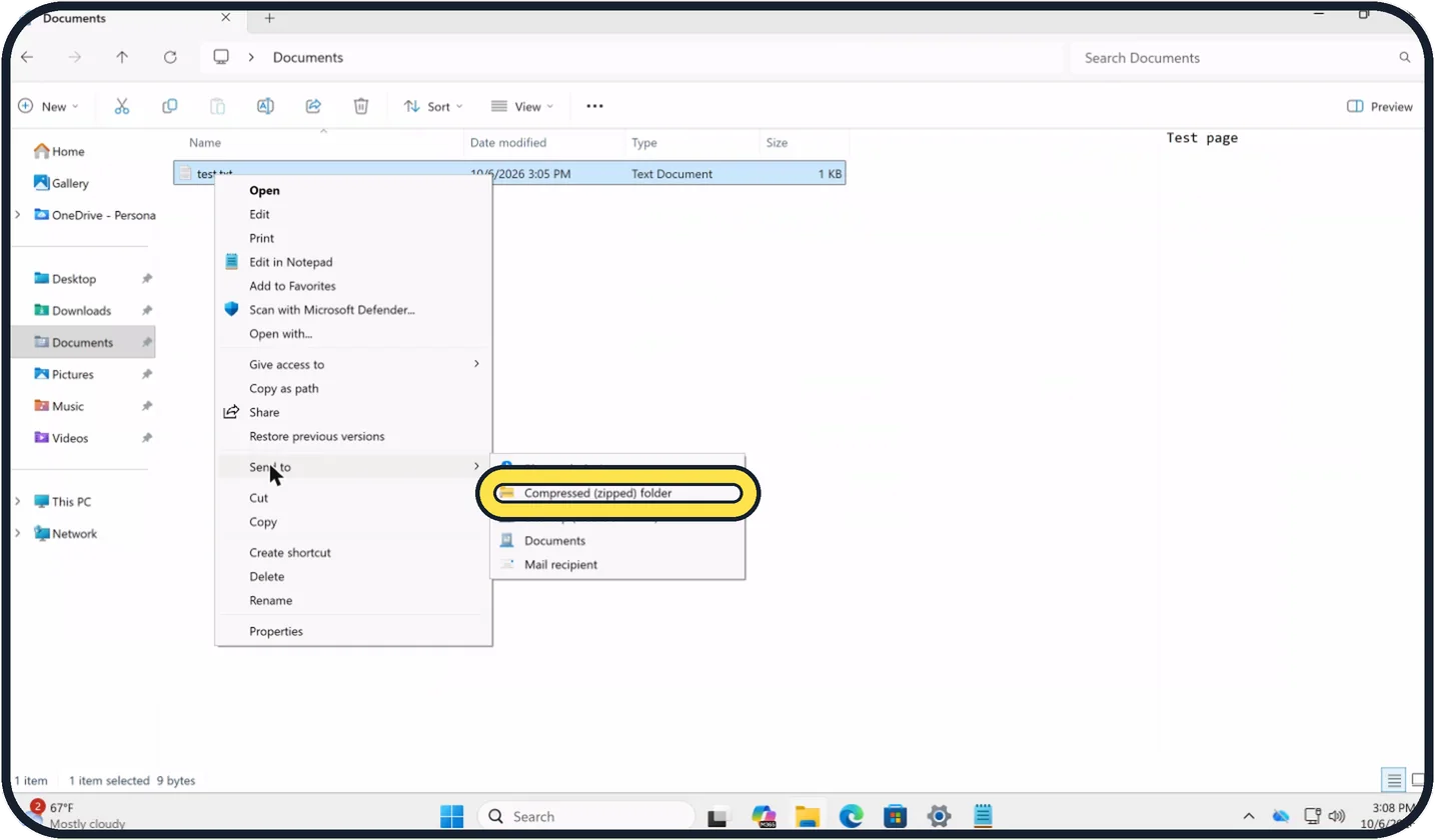 Windows screenshot: Choose Send to, Compressed (zipped) folder