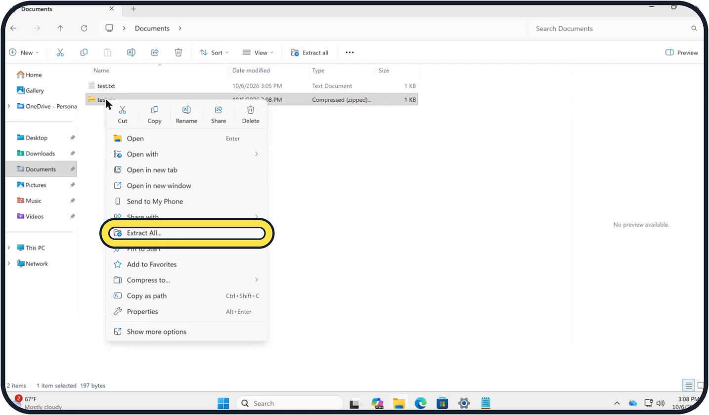 Windows screenshot: To unzip everything, choose Extract All...