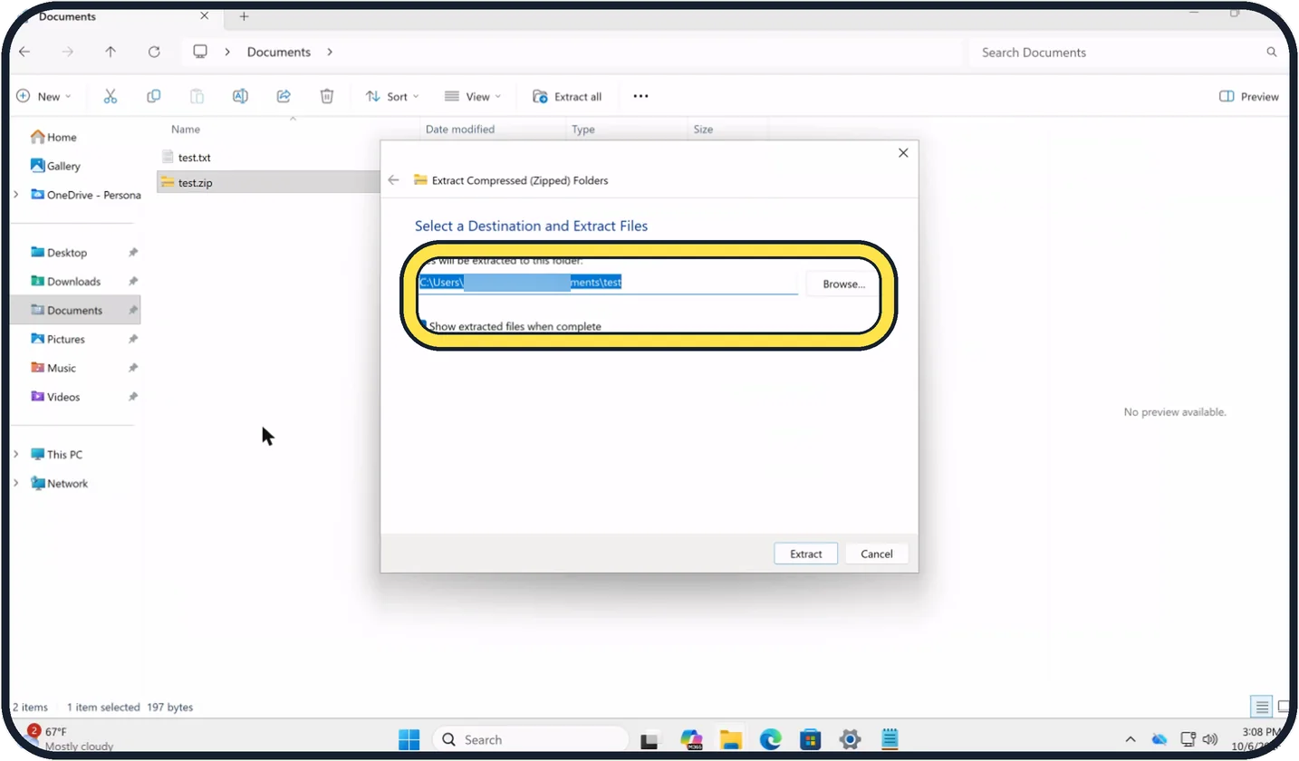 Windows screenshot: Pick the folder and click Extract
