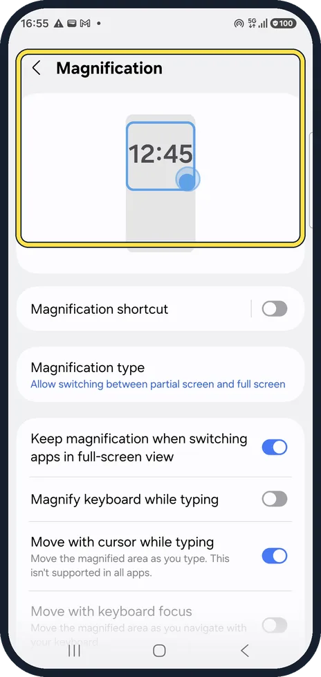 Android screenshot: Open Magnification