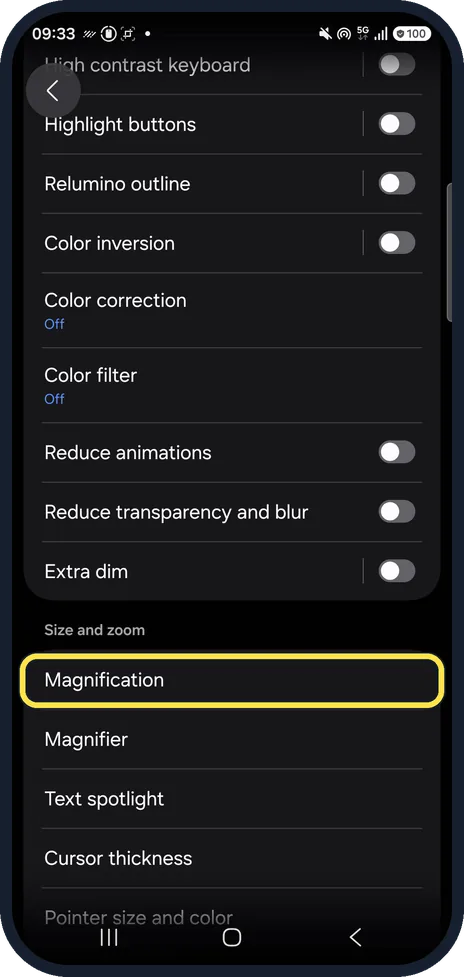Android screenshot: Open Magnification