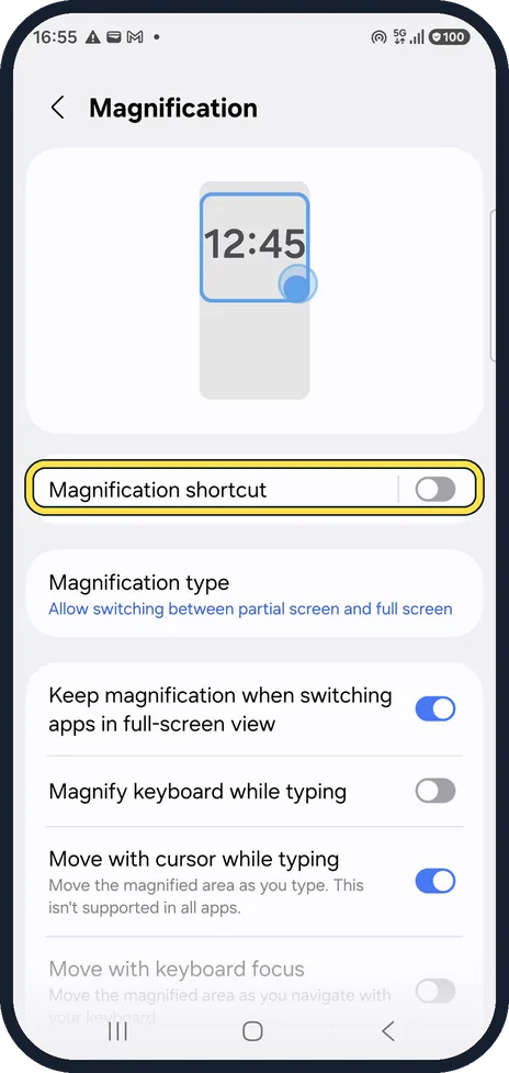 Android screenshot: Switch on the shortcut