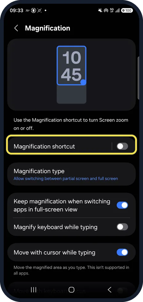 Android screenshot: Tap Magnification shortcut