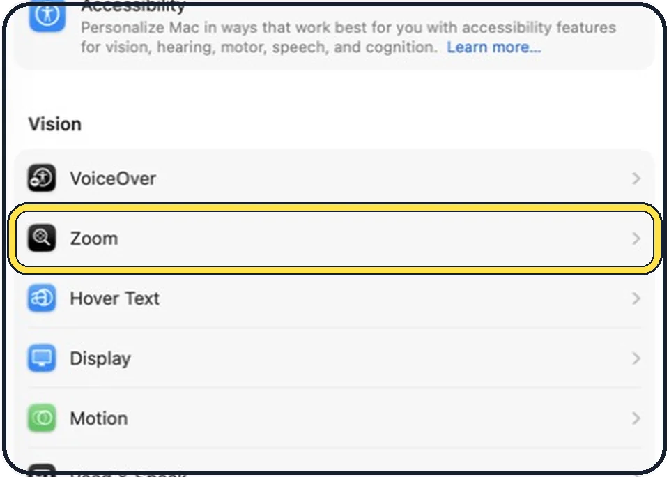 Mac screenshot: Click Accessibility, then Zoom