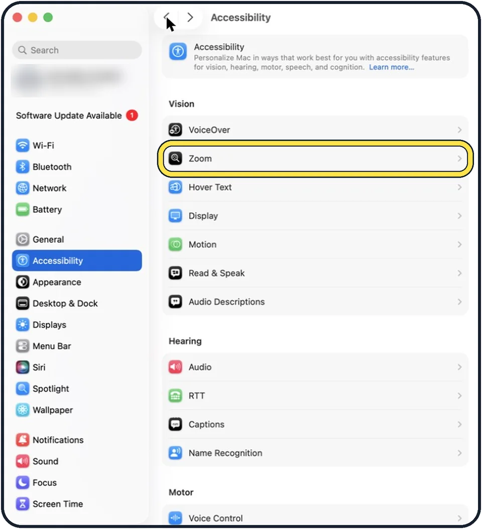 Mac screenshot: Click Accessibility, then Zoom