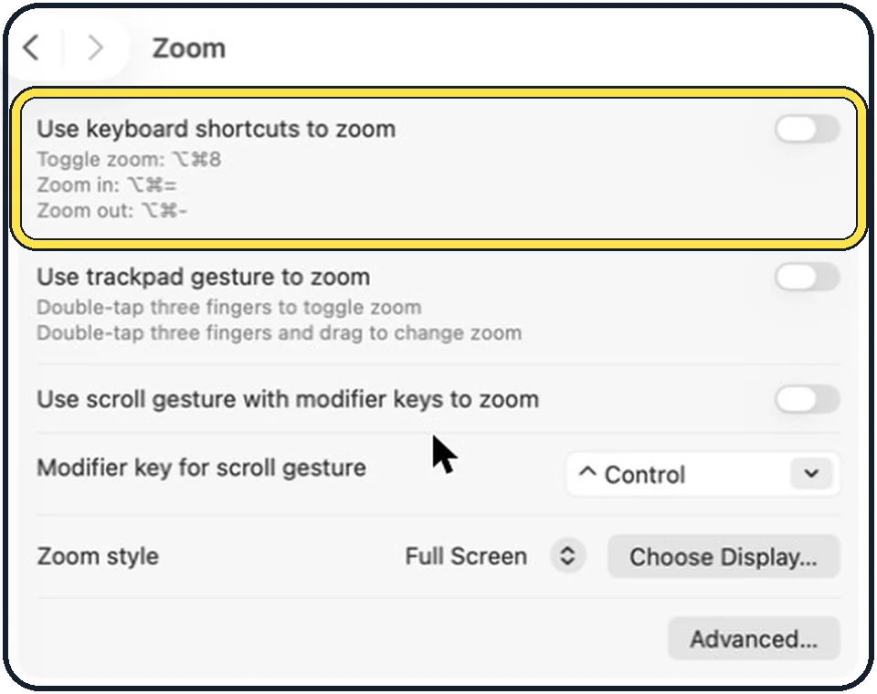 Mac screenshot: Switch on Use keyboard shortcuts to zoom