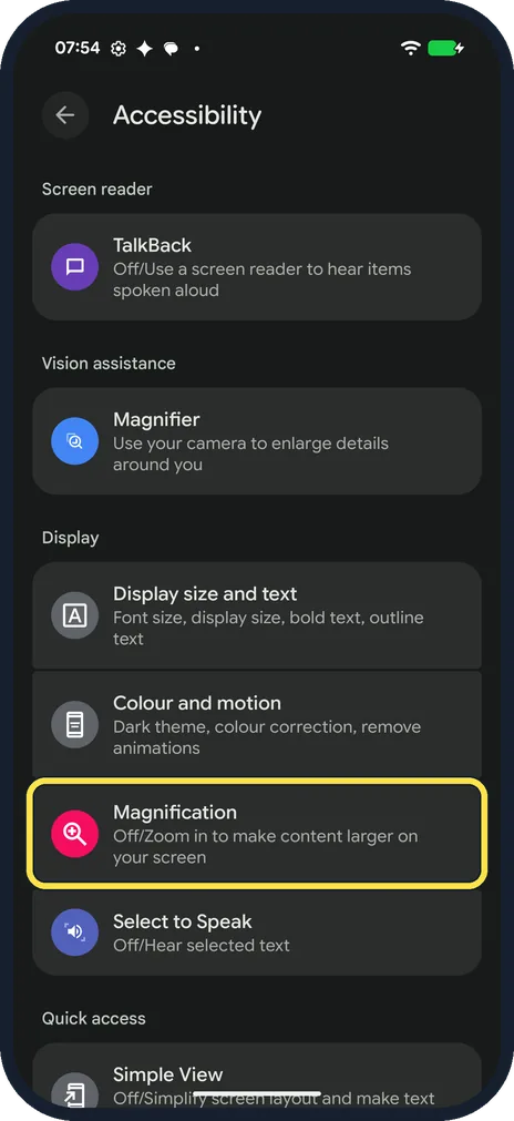 Android screenshot: Open Magnification