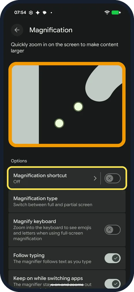 Android screenshot: Turn on Magnification shortcut