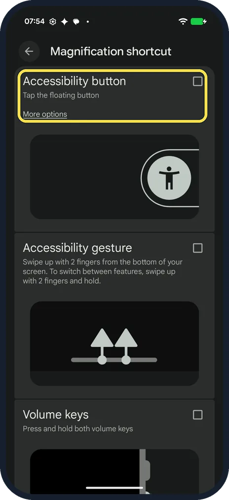 Android screenshot: Shortcut 1: the Accessibility button