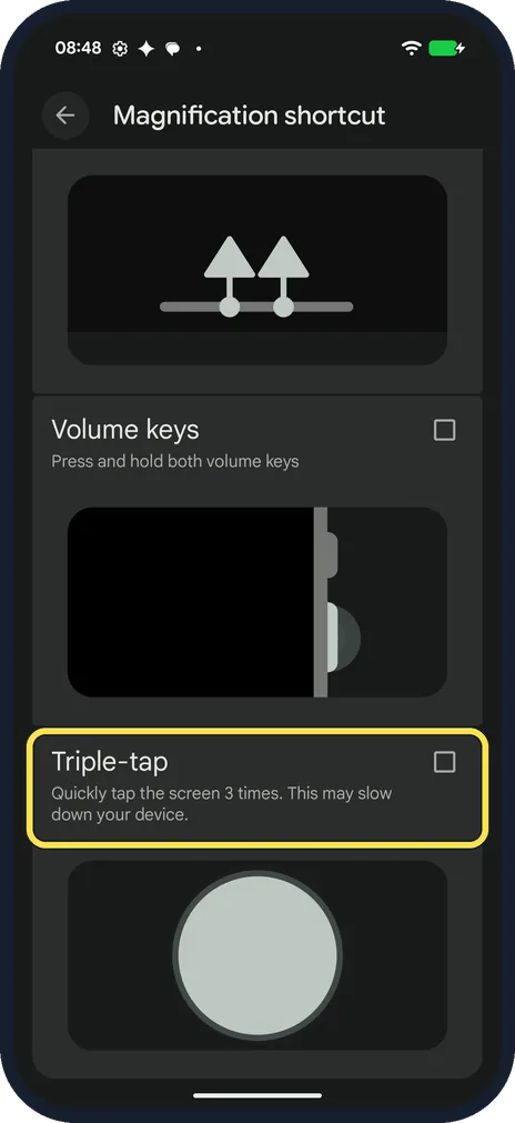 Android screenshot: Shortcut 4: triple-tap