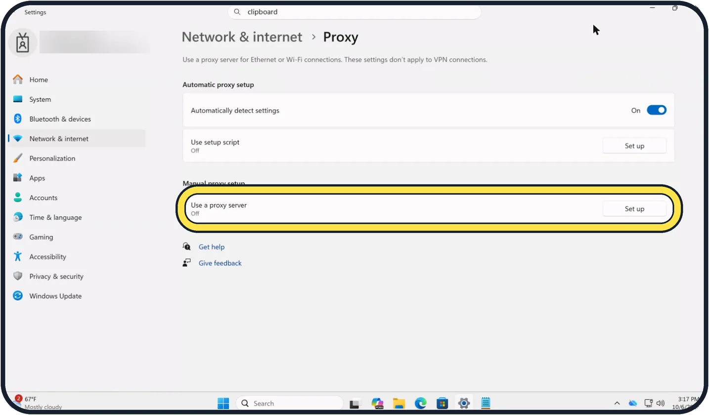 Windows screenshot: Switch off a proxy you did not set up