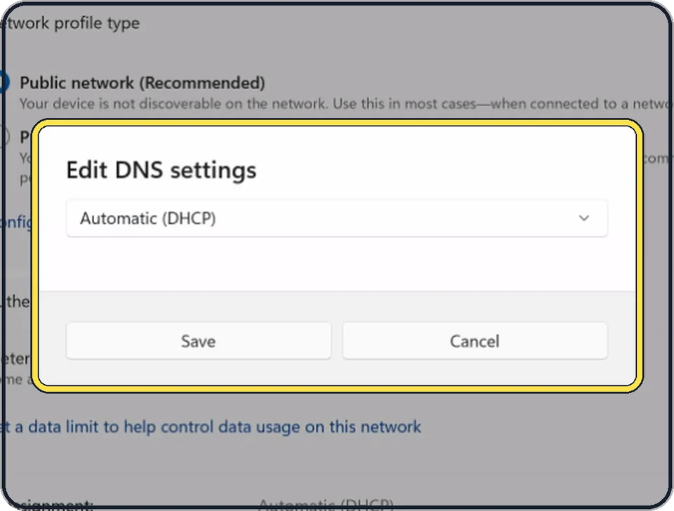 Windows screenshot: Set DNS back to Automatic