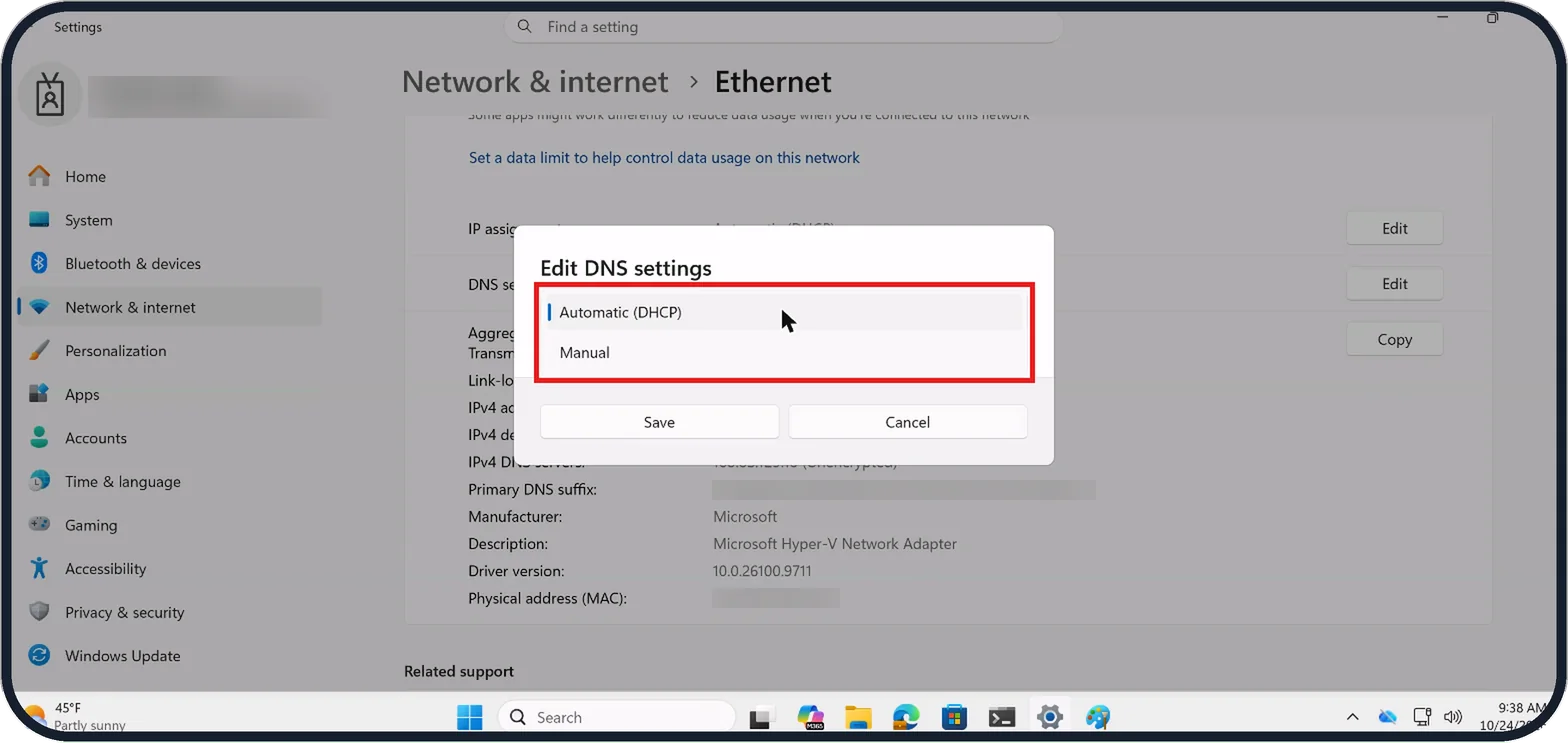 Windows screenshot: Set DNS back to Automatic