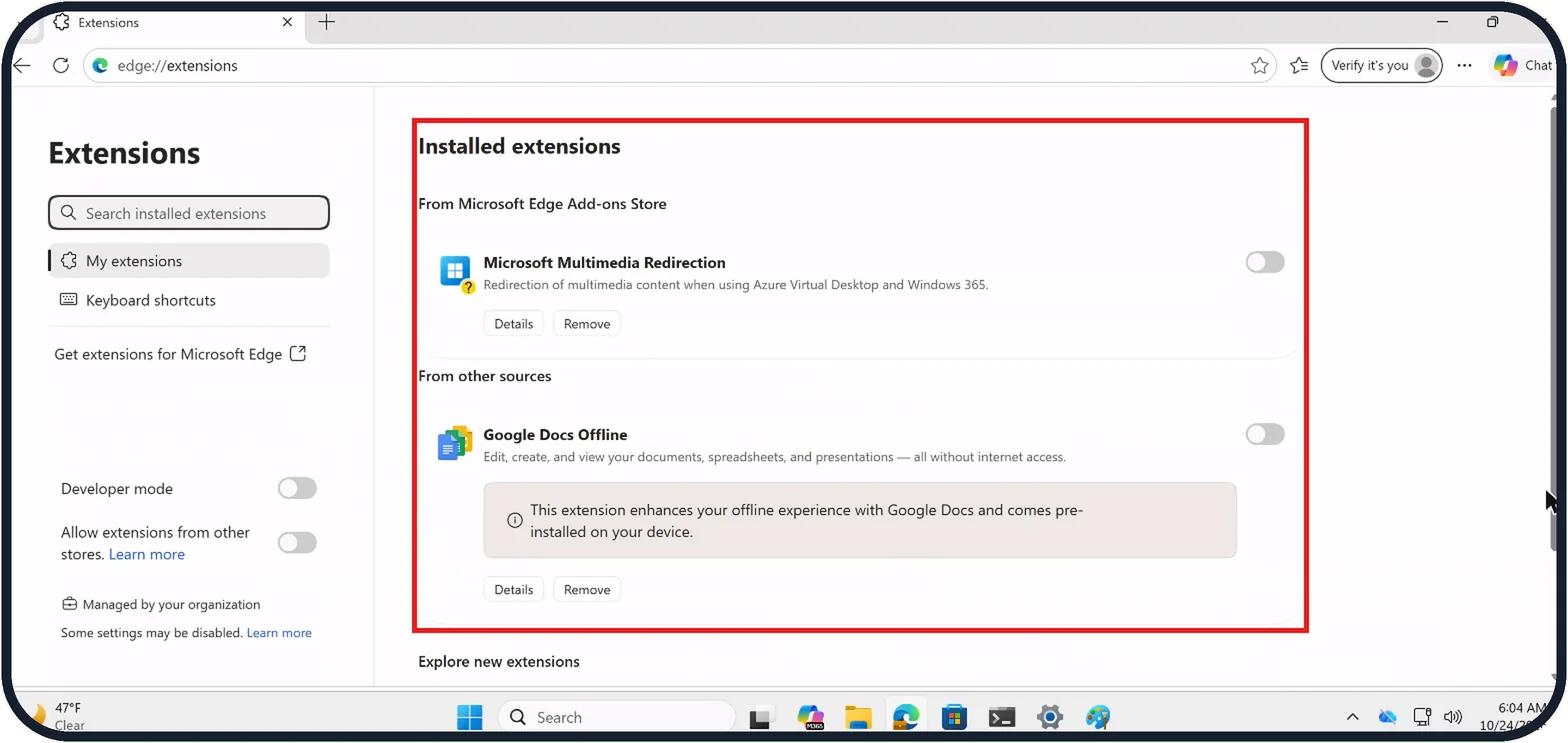 Windows screenshot: Switch off the browser's extensions
