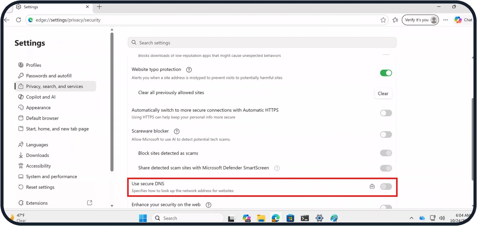 Windows screenshot: Check the browser's secure DNS
