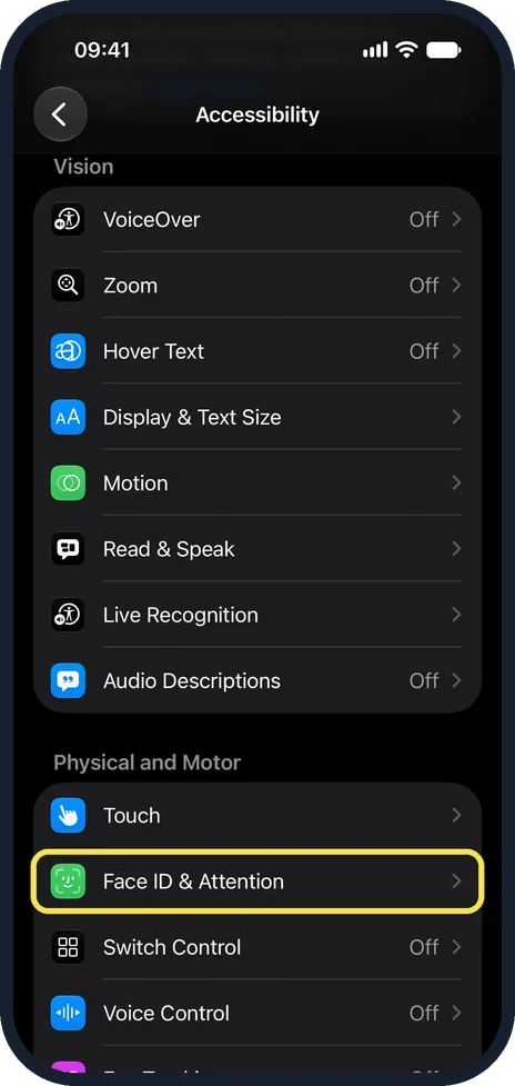 iPhone screen: Turn off Attention Aware Features for a test