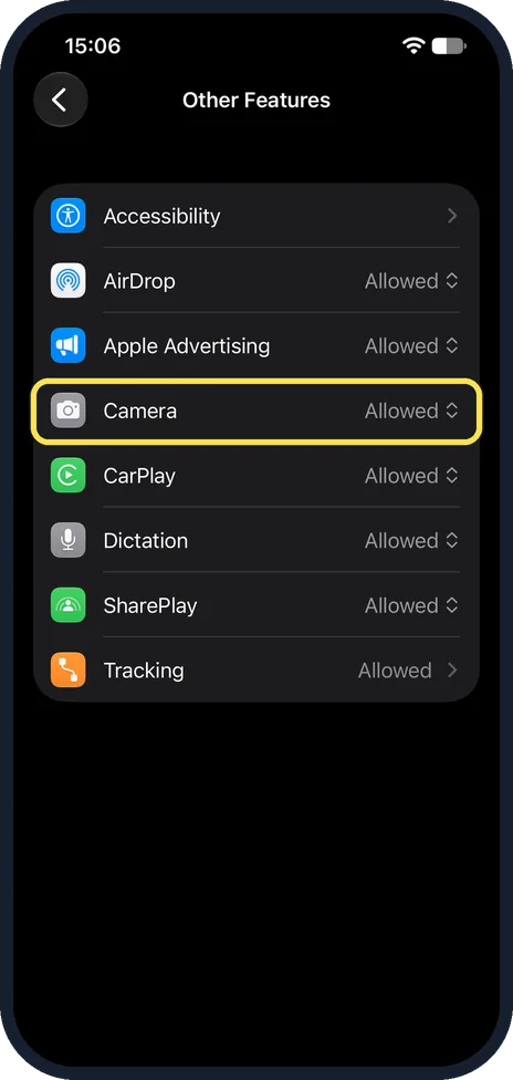 iPhone screen: If the Camera app is missing, check Screen Time