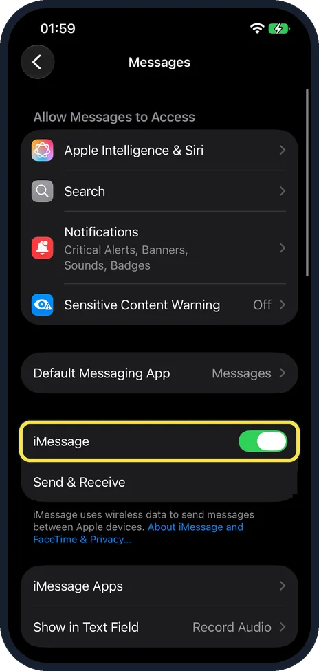 iPhone screen: Turn iMessage and FaceTime off and on