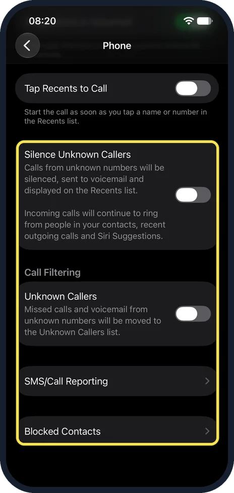 iPhone screen: Check unknown callers and blocked contacts