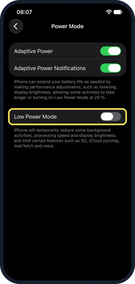 iPhone screen: Check Low Power Mode