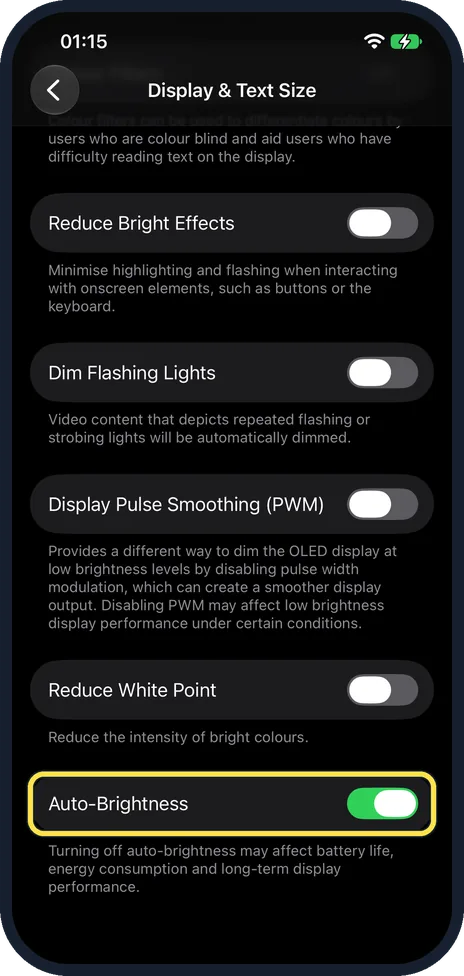 Screenshot from the guide: iPhone screen keeps dimming? 7 settings to check