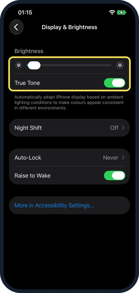 iPhone screen: Set the brightness, then check True Tone