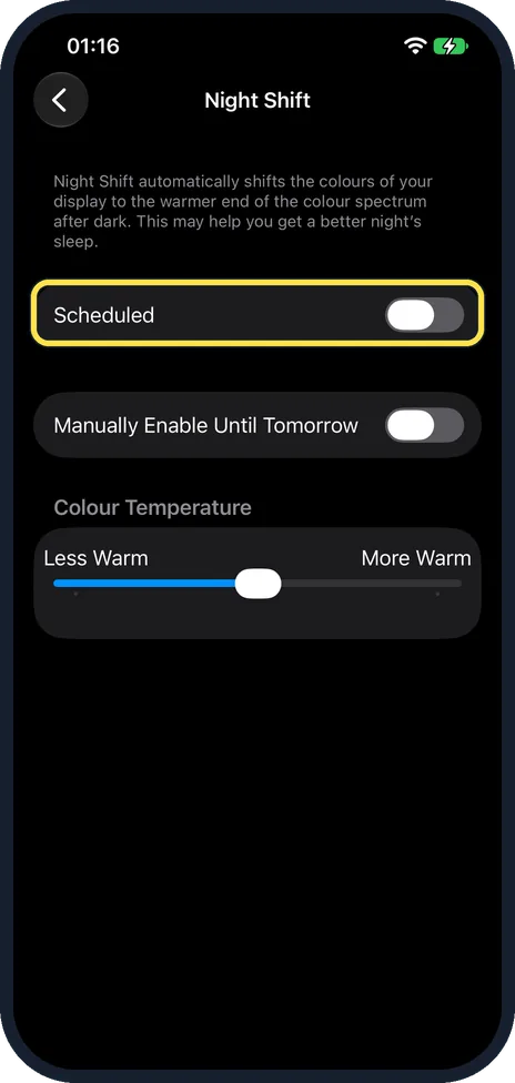 iPhone screen: Check Night Shift