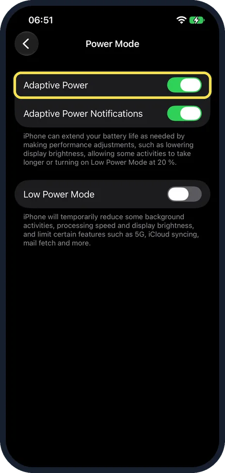 iPhone screen: Check Power Mode and Low Power Mode