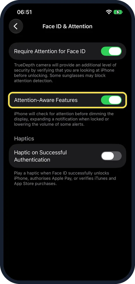 iPhone screen: Check Attention-Aware Features, then Auto-Lock