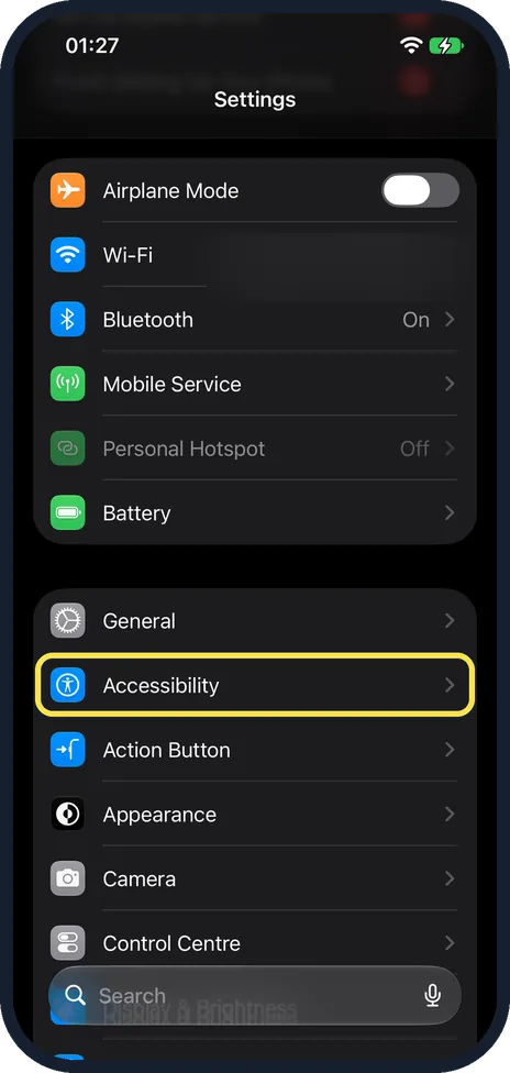 iPhone screen: Open Settings and tap Accessibility