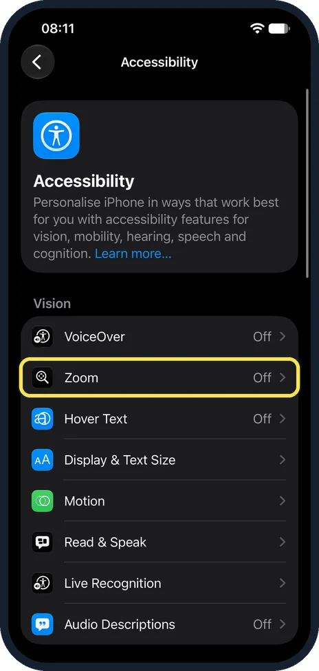 iPhone screen: Tap Zoom