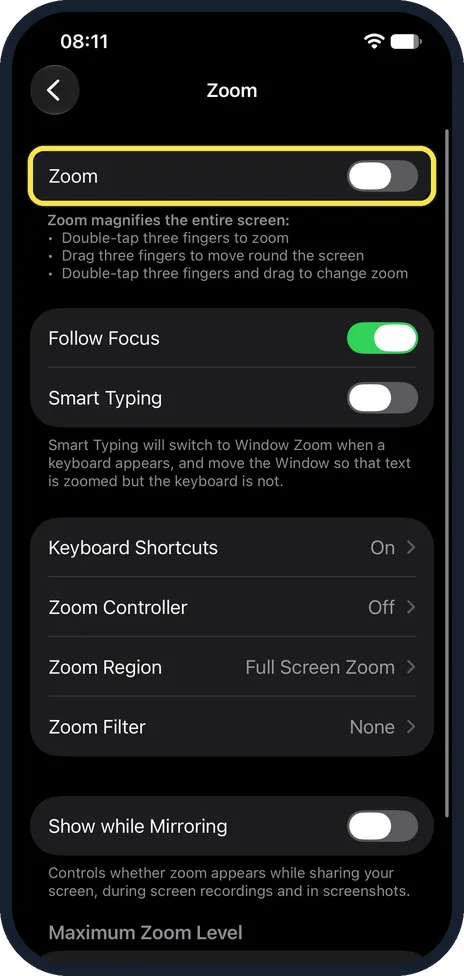 iPhone screen: Switch Zoom off