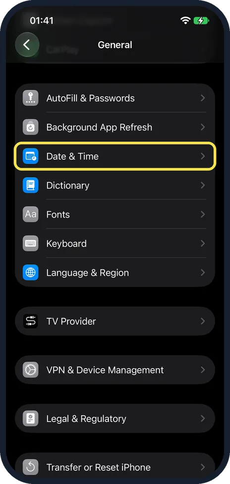 iPhone screen: Tap Date & Time