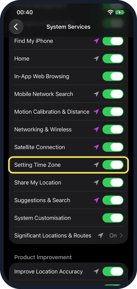 iPhone screen: Allow the time zone to use your location
