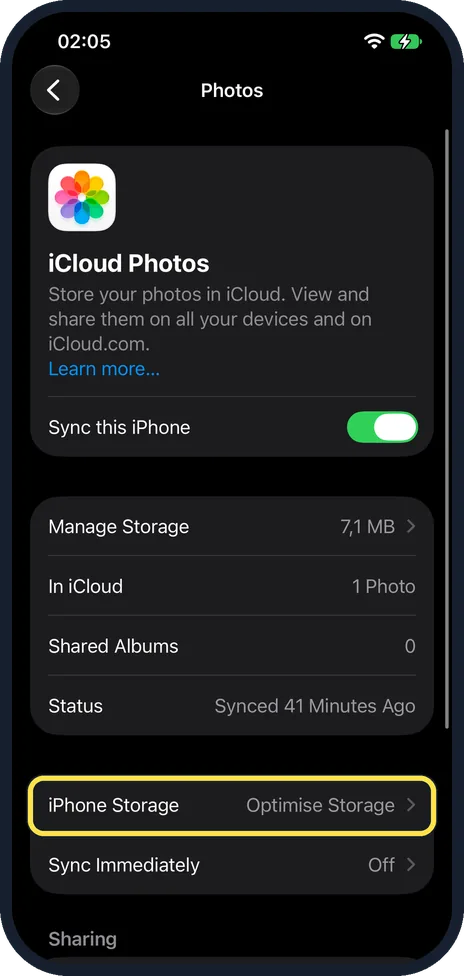 iPhone screen: Turn on Optimise iPhone Storage
