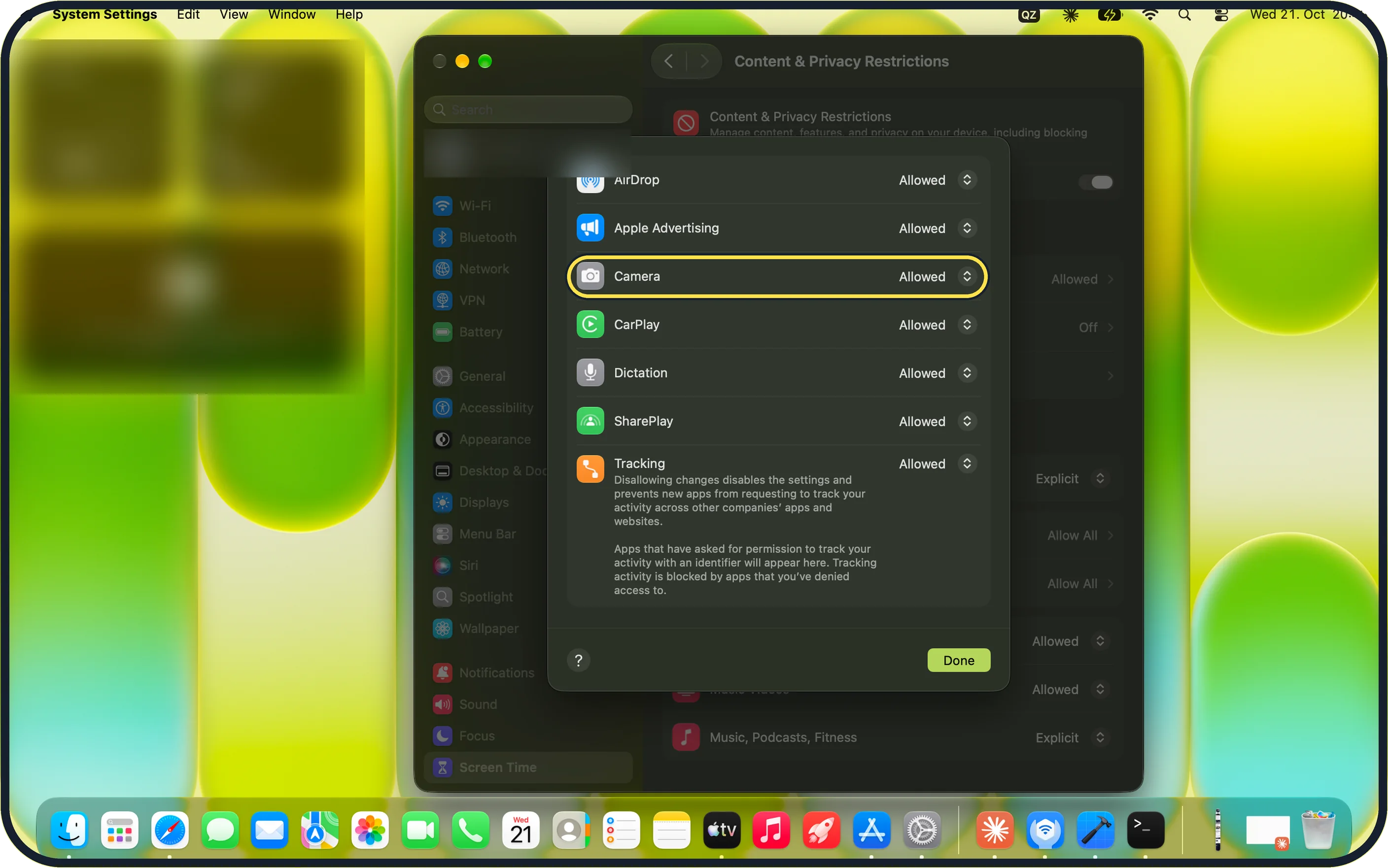 Mac screenshot: Check that Screen Time allows the camera