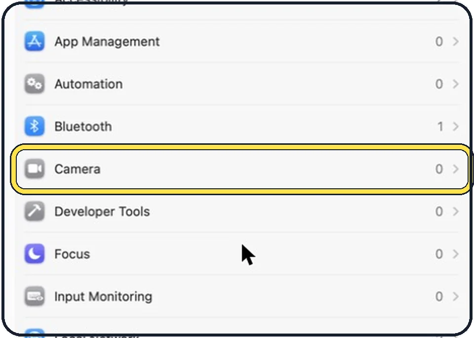 Part of the Mac System Settings window: Allow the app to use the camera
