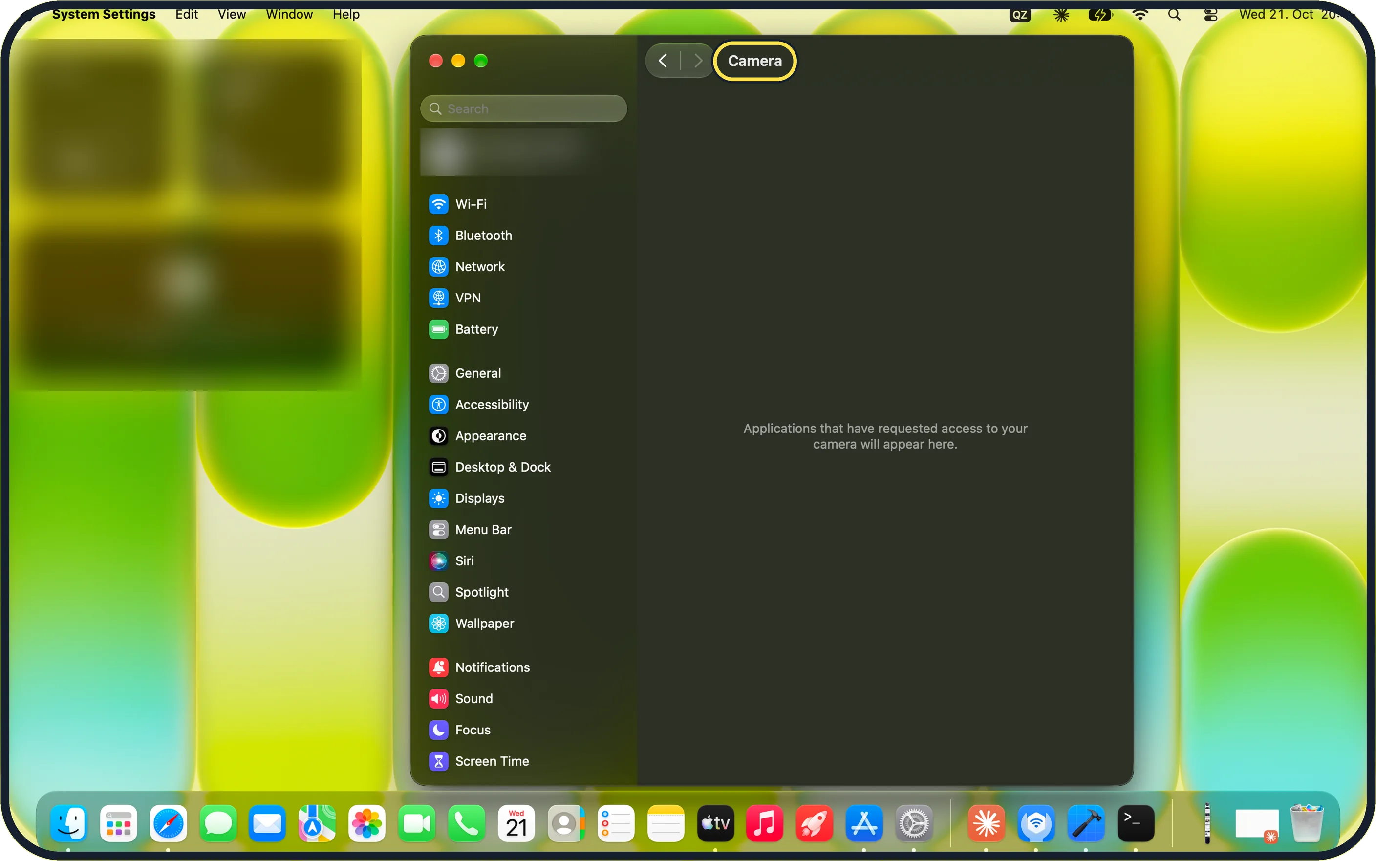 Mac screenshot: Allow the app to use the camera