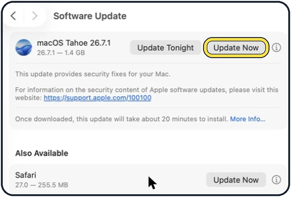 Part of the Mac System Settings window: Install all updates